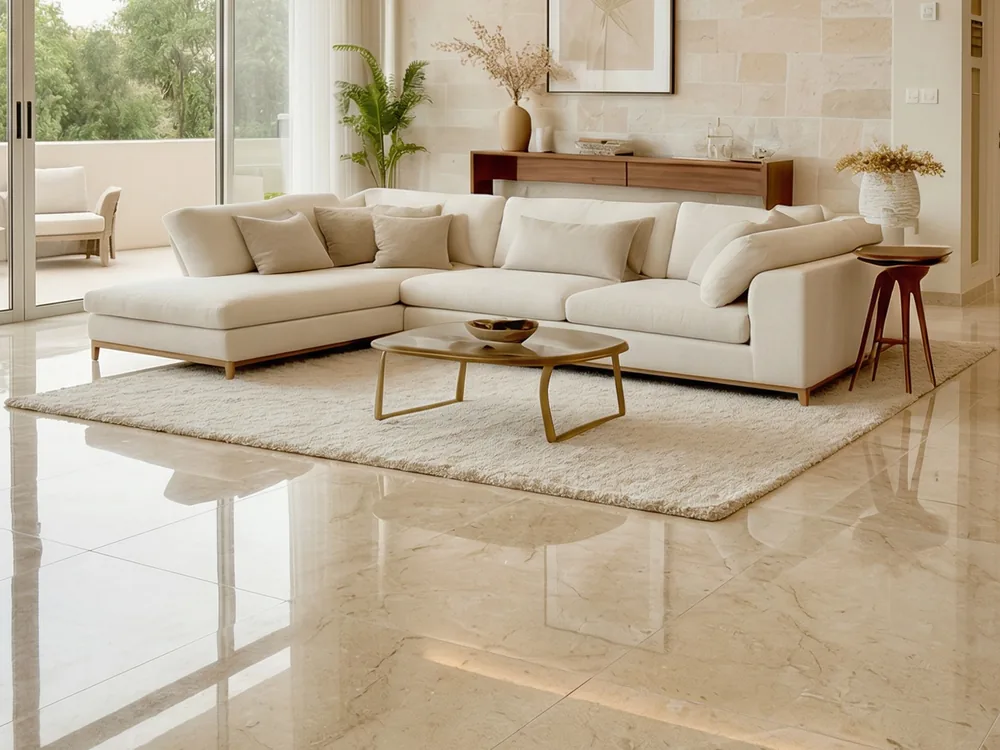 Piso de sala em mármore Crema Marfil, foto publicada pela Casa Bella